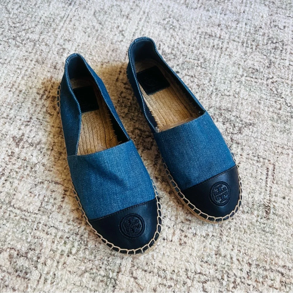 Tory Burch Blue Denim and Black Leather Espadrilles